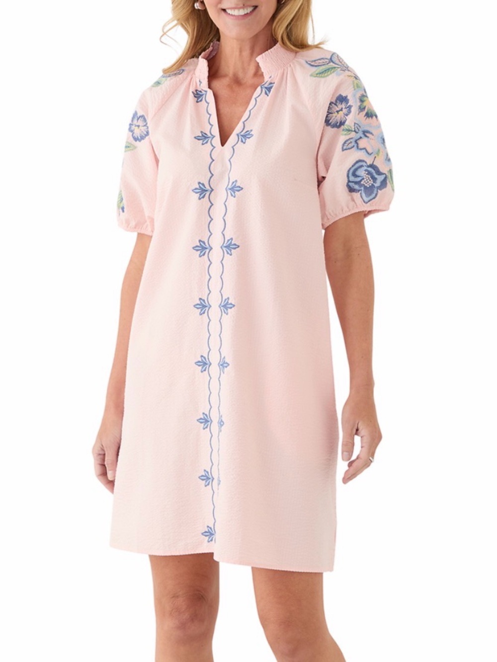 crown & ivy Pink Embroidered Puff-Sleeve Dress